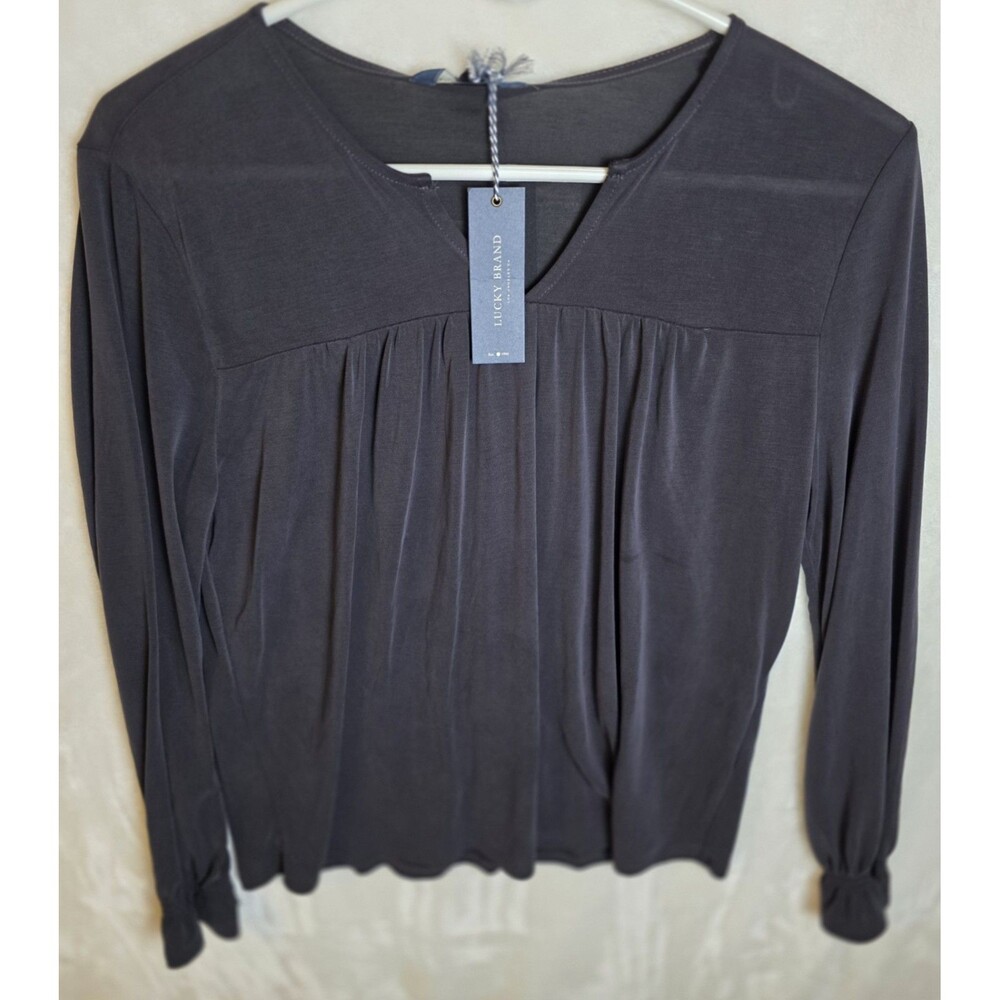 NWT Lucky Brand Women's Size S/P Black Linen Blend Embroidered 3/4 Sleeve Top